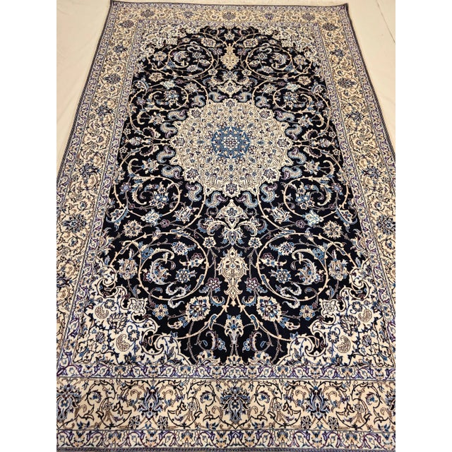 Vintage Persian Nain Habibian Rug, Handwoven Floral Pattern With Silk Highlights, Navy & Blue. 5’ X 8’ For Sale - Image 4 of 12