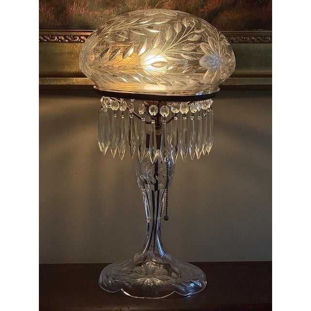 1930s Antique Wheel Cut Crystal Mushroom Shade Table Lamp W Lustres 19", Art Deco 1930 For Sale - Image 5 of 8