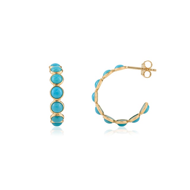 Modern VRJewels Round Cabochon 4.55 Ct Turquoise Hoop Earrings in 18k Yellow Gold- 2 Pieces For Sale - Image 3 of 10