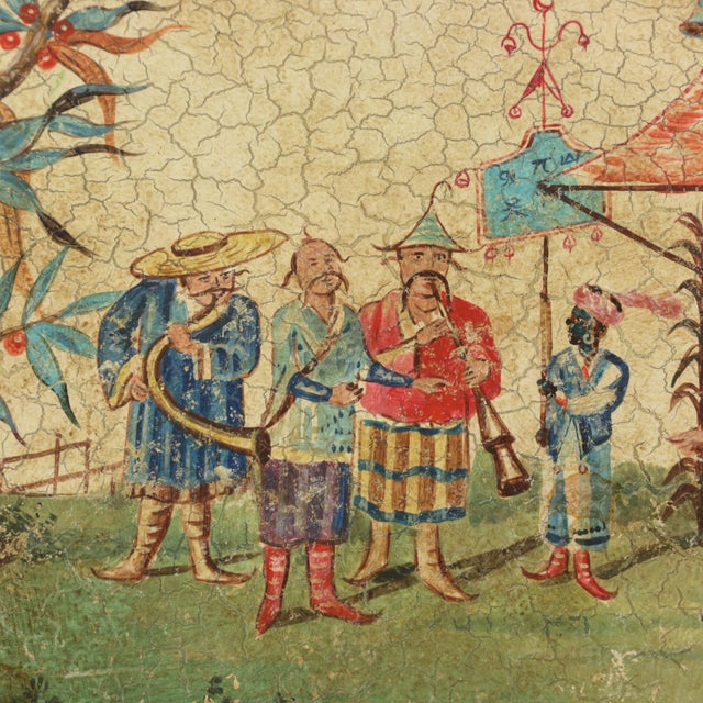 Vintage Hand Painted Chinoiserie Tole Tray Cream Lacquer With Figurative Oriental Scene For Sale - Image 4 of 9