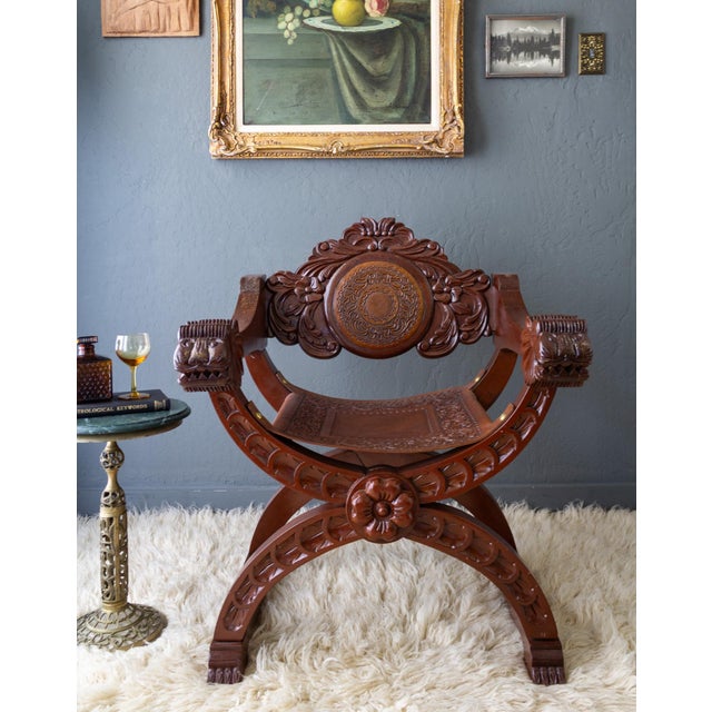 Spanish Colonial Savonarola Chair With Carved Lion Heads and Tooled Leather For Sale - Image 4 of 18