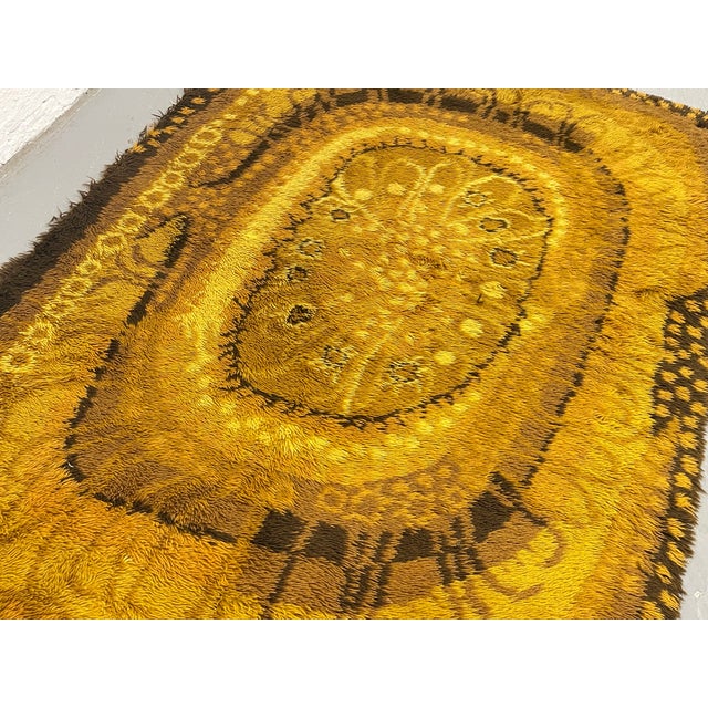 Mustard Vintage 1970’s Rya Rug – Mid Century Modern Mustard Yellow & Brown Shag Rug, C. 1970’s For Sale - Image 8 of 13