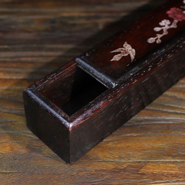 1970s Vintage Chinese Rosewood Slide Box With Mother of Pearl Inlay, Plum Blossom & Bird Motif For Sale - Image 5 of 9