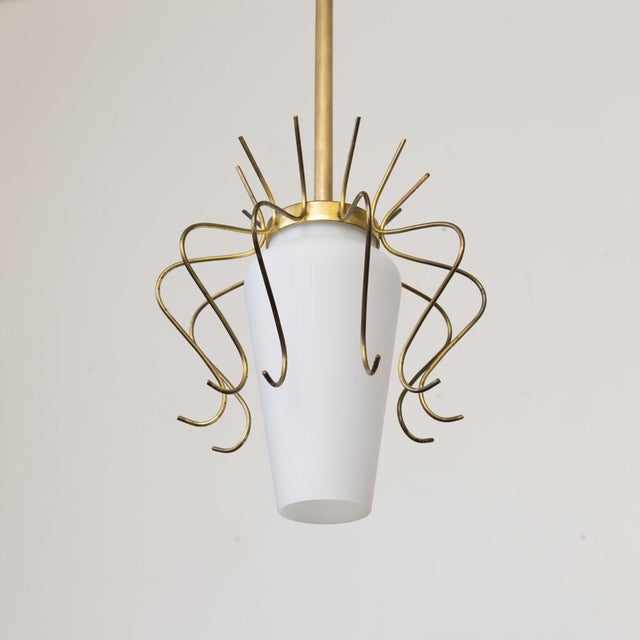 1950s 1950s Italian Brass and White Glass Pendant Light For Sale - Image 5 of 12