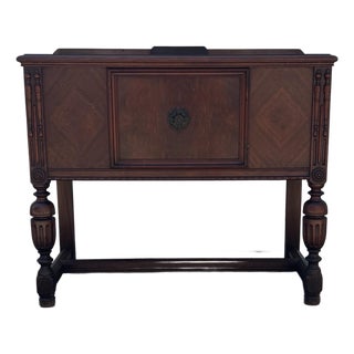 Vintage Jacobean Revival Cabinet | Antique Tudor Style Walnut Server Console | Dark Academia Sideboard For Sale