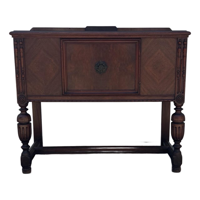 Vintage Jacobean Revival Cabinet | Antique Tudor Style Walnut Server Console | Dark Academia Sideboard For Sale