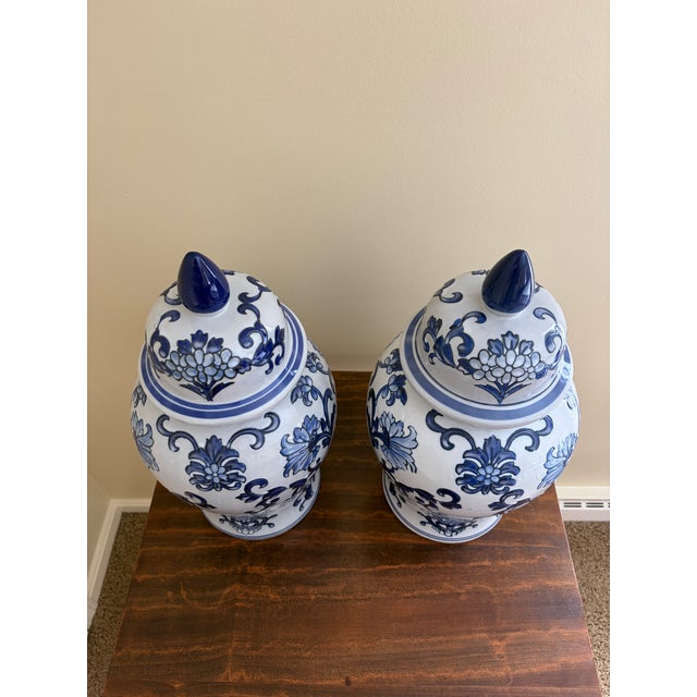 Late 20th Century Chinoiserie Large Blue and White Porcelain Ginger Jars, Pair For Sale In South Bend - Image 6 of 7