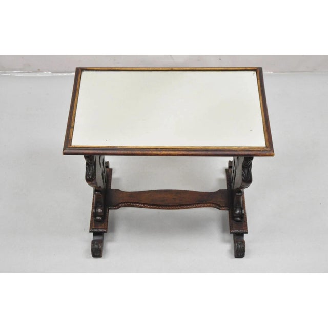 Early 20th Century Antique Renaissance Revival Carved Winged Maiden Walnut Mirror Top Side Table For Sale - Image 5 of 11