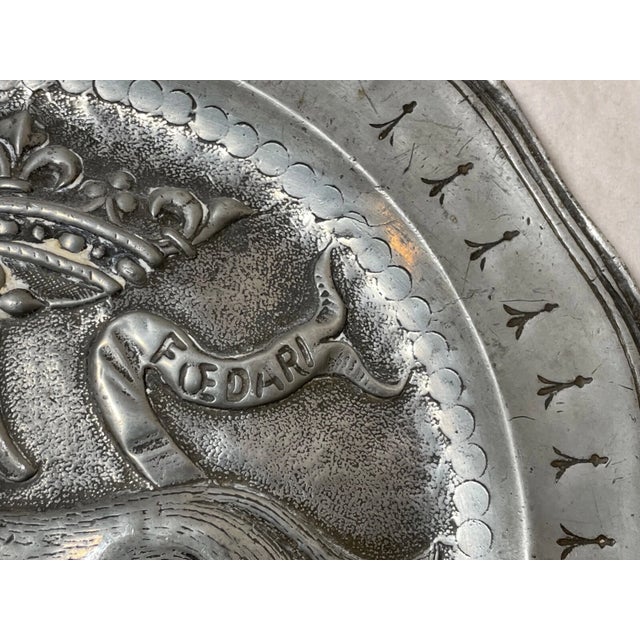 Antique 18th Century Tooled Latin Handmade Armorial Pewter Plaque Relief Plate For Sale - Image 4 of 13