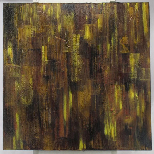 Large abstract expressionist painting using oil on canvas in broad strokes of sienna, yellow, red, black and umber by...
