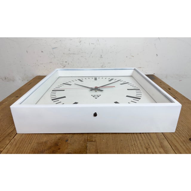 White Industrial Square Wall Clock from Pragotron, 1970s For Sale - Image 9 of 18