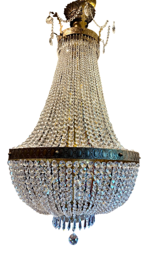 Monumental Bronze and Cut Crystal Basket Chandelier, 1930s