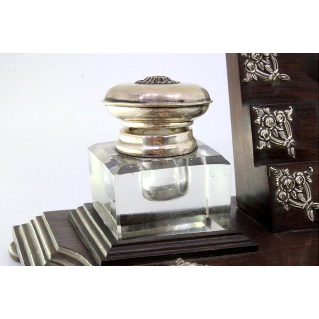 Rosewood and Glass Inkwell with Silver Applications, Pens, Business Card Holder and Feet For Sale - Image 5 of 8