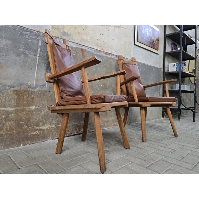1970s Vintage Rustic Oak Chairs with Leather Cushions, 1970s, Set of 2 For Sale - Image 5 of 18