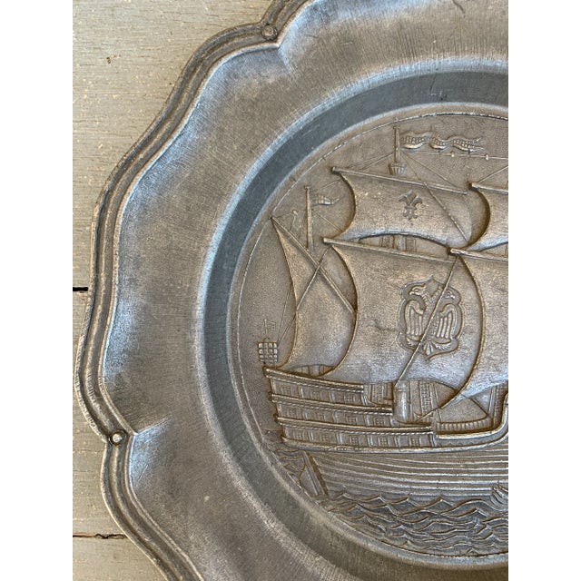 Rustic European Mid-Century German Pewter Sailing Ship Wall Plate With Heraldic Eagles For Sale - Image 3 of 8