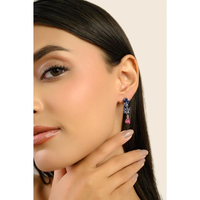 Gemstone 925 Sterling Silver Flower Motif Blue Sapphire & Ruby Drop Earrings - 2 Pieces For Sale - Image 7 of 10