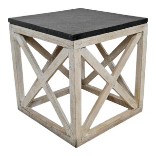 Farmhouse Slate Top & Aged White Wood Side Table For Sale