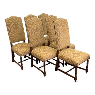 French Louis XIII Style High Back Damask Dining Chairs, Set of Six For Sale