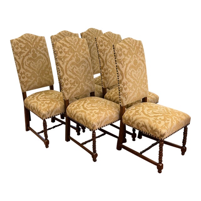French Louis XIII Style High Back Damask Dining Chairs, Set of Six For Sale