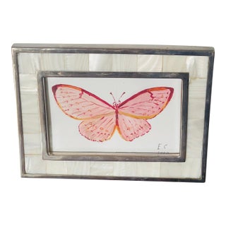1970s Pink Butterfly Original Art Painting in Mother of Pearl Sea Shell Frame For Sale