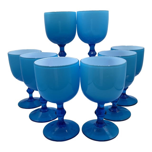 Vintage Carlo Moretti Italy Blue White Cased Murano Glass Wine Water Glasses - Set of 8 For Sale