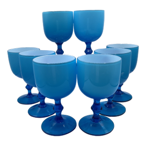 Vintage Carlo Moretti Italy Blue White Cased Murano Glass Wine Water Glasses - Set of 8
