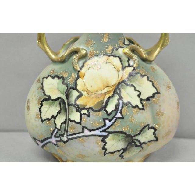 Antique Nippon Hand Painted Porcelain Twin Branch Handle Yellow Rose Small Vase For Sale - Image 4 of 13