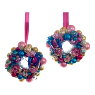 Pair of Handmade Christmas Wreaths With Vintage Glass Ornaments & Reindeer For Sale