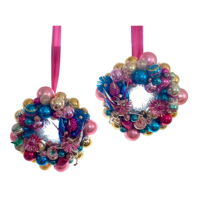 Pair of Handmade Christmas Wreaths With Vintage Glass Ornaments & Reindeer For Sale