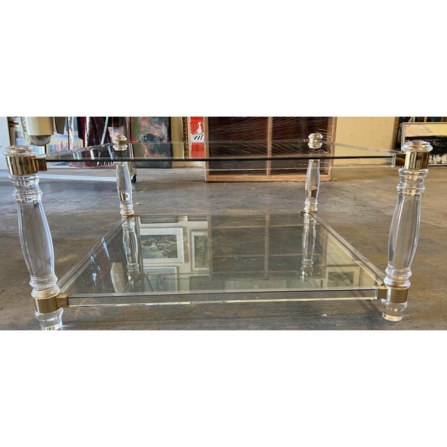 Lucite and Brass Coffee Table With Glass Top and Shelf For Sale - Image 4 of 12
