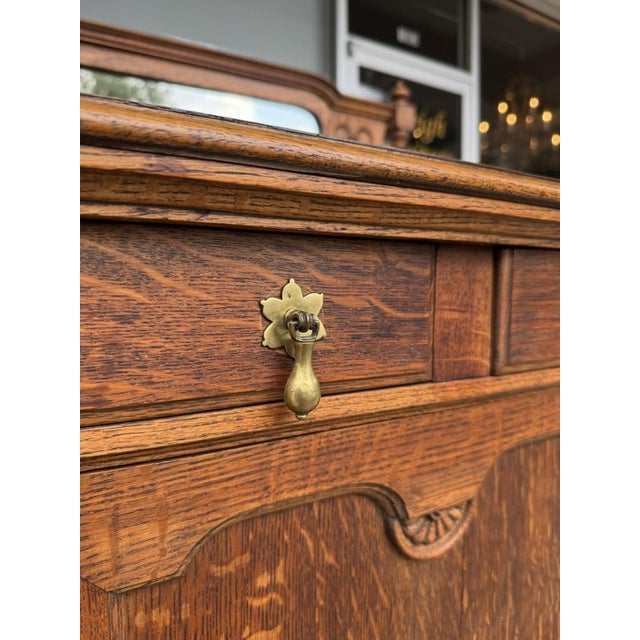 Brown Early 20th Century J.B. Van Sciver Co. Refinished Antique Oak Sideboard With Mirrored Gallery & Turned Legs For Sale - Image 8 of 13
