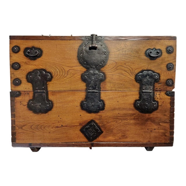 Late 18th Century Antique Korean Chest With Iron Mounts and Label For Sale