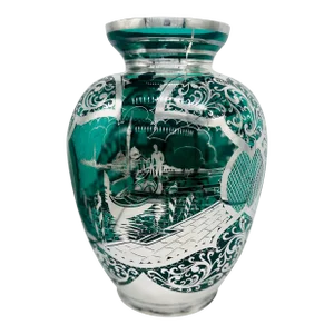 Large Italian Sterling Silver Overlay Venetian Scene Green Glass Vase