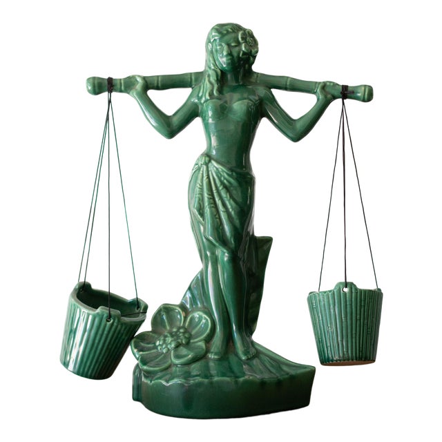 1940s Vintage Gonder Ceramic Pottery Green Female Libra Sculpture For Sale