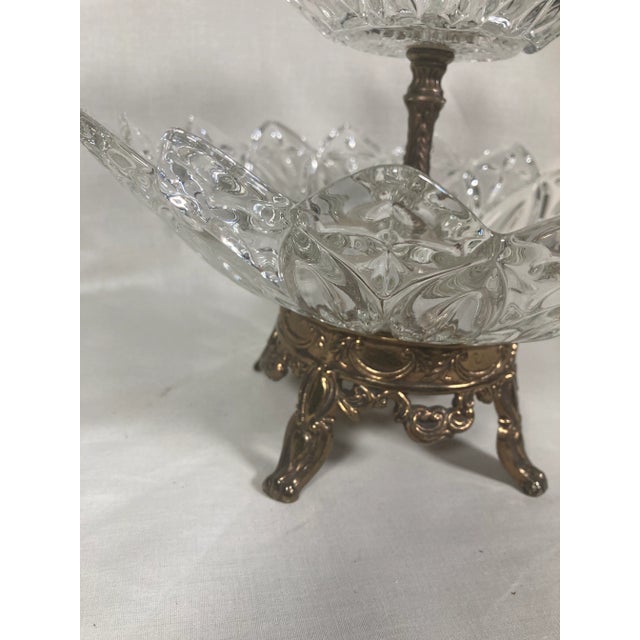 Antique Federal Glass Two-Tiered Serving Candy Dish With Brass Base Top tier is 5.5” In diameter