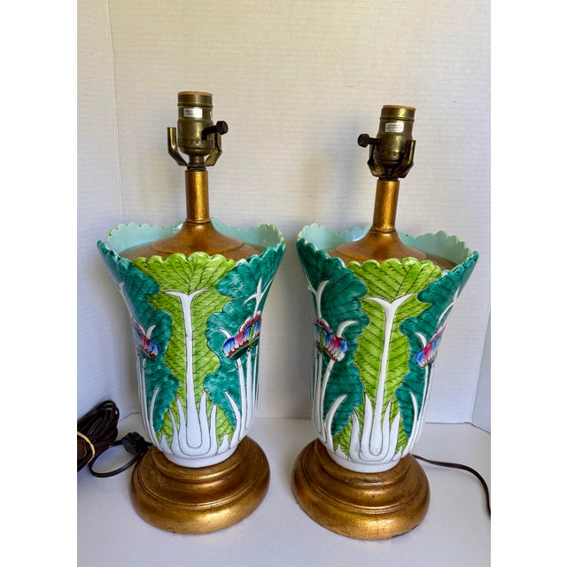1970s Richard Ray Butterfly & Bok Choy Cabbage Leaf Ceramic Table Lamps - a Pair For Sale - Image 11 of 15