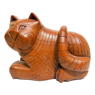 Vintage Hand Carved Solid Wood Cat Sculpture With Hidden Secret Compartment For Sale