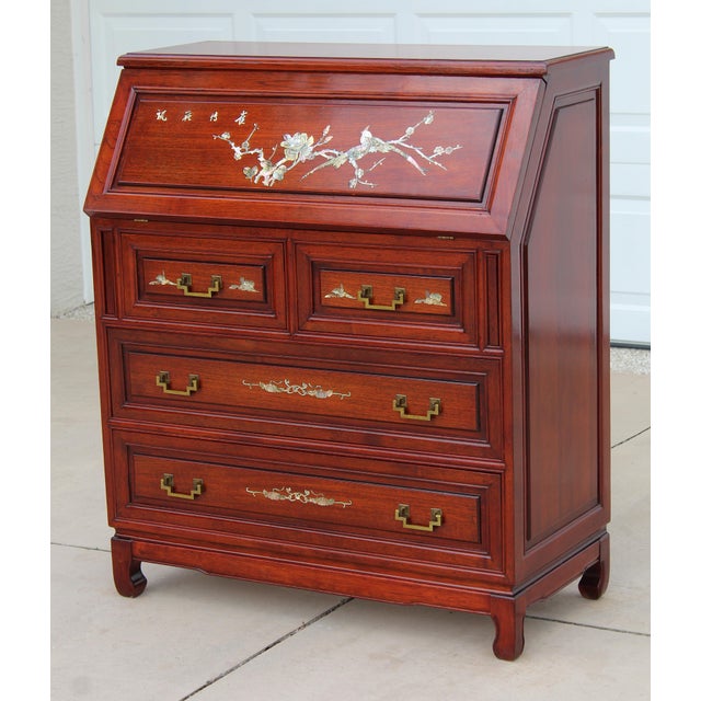 Asian Asian Rosewood Secretary Desk With Mother-of-Pearl Inlay, Bird & Blossom Motif, Slant Front Writing Desk For Sale - Image 3 of 18