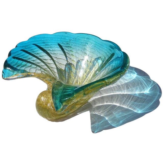 Murano Vintage Murano Barovier Toso Blue Rim Gold Flecks Ribbed Surface Italian Art Glass Seashell Sculptural Bowl For Sale - Image 4 of 10