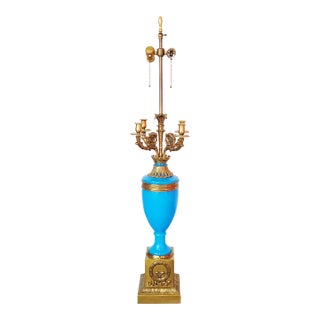 Antique French Blue Opaline Glass & Bronze Candelabra Table Lamp For Sale
