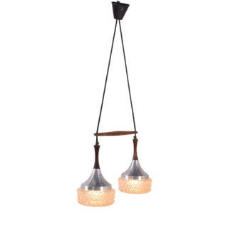 Mid-Century Rosewood, Metal and Glass Dual Pendant Lamp For Sale