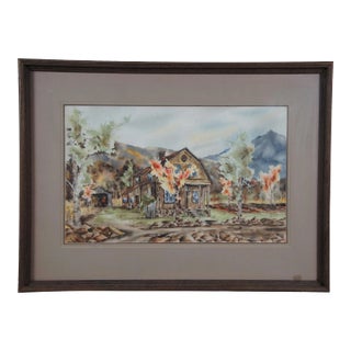 1975 Watercolor Dave's House Farmhouse Landscape Painting by Sean Toomey For Sale