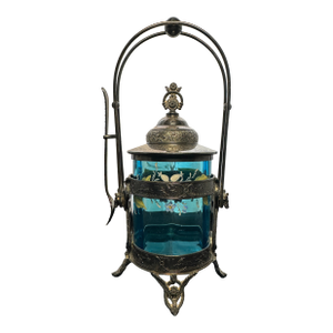 Antique Reed & Barton Silverplate Cherub Themed Pickle Castor With Aqua Glass