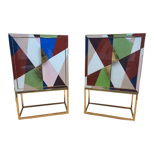 Torino Reverse, Painted Glass and Brass 2 Door Dry Bar Cabinet by Johnathan Adler For Sale