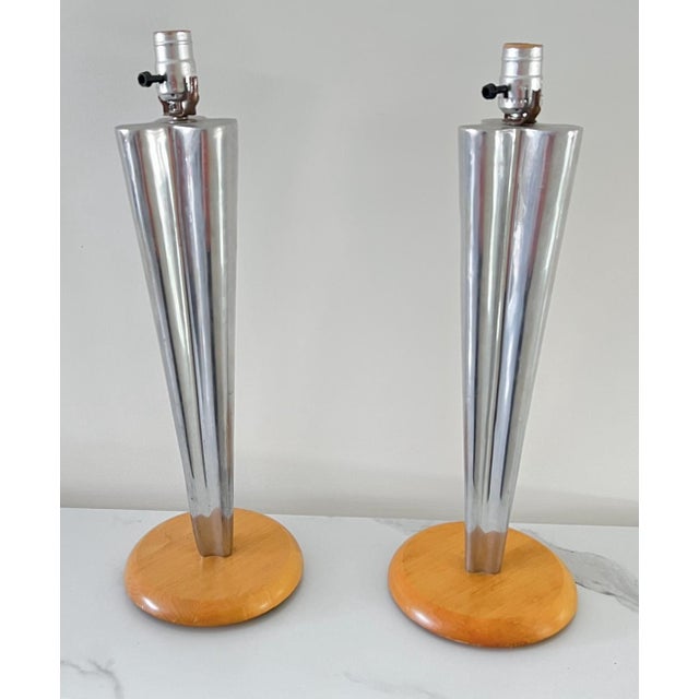 Vintage 1960s Mid-Century Modern Lamps, Tapered Aluminum Table Lamps in the Style of Paavo Tynell, Tapio Wirkkala, or Nambe, a Pair For Sale - Image 10 of 12