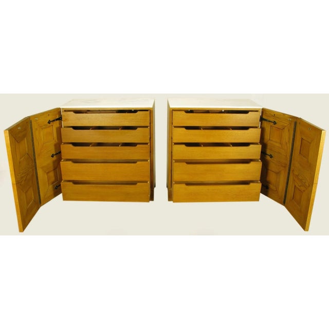 1950s Solid White Oak Carved Four-Panel Commodes With Carrera Marble Tops - a Pair For Sale - Image 5 of 10