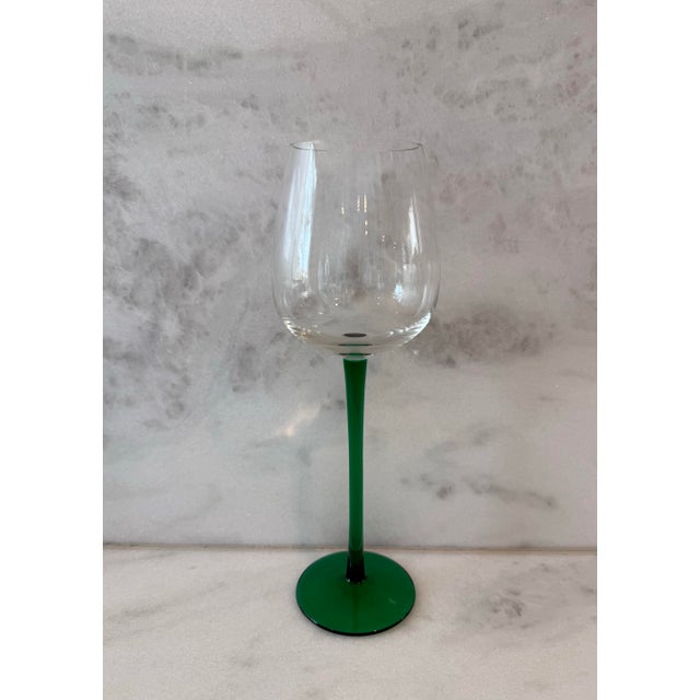 Set of 5 vintage 10.5" tall wine glasses with a beautiful green stems. Unmarked, but believed to be from France. 2.5" opening