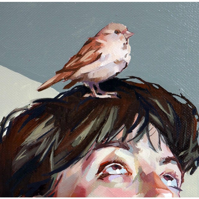 This artwork features a contemplative figure gazing upward, embodying a serene yet introspective mood. A small bird...
