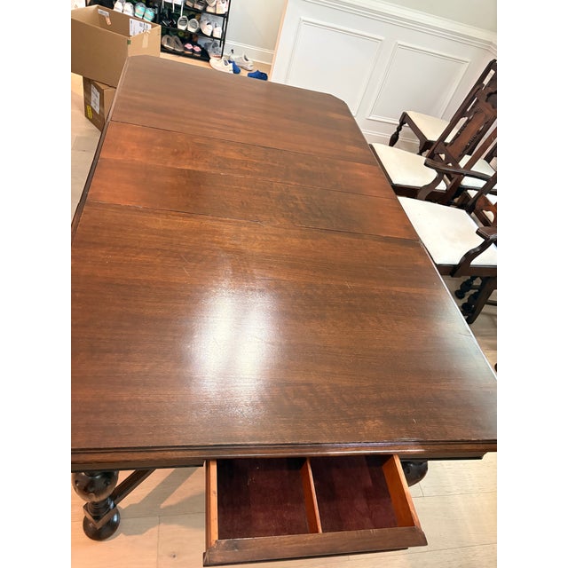 Wood Jacobean 1920s Walnut Dining Set Table and 6 Chairs For Sale - Image 7 of 12