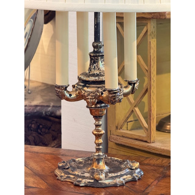 Traditional Silverplate Candelabra Lamp With Pleated Shade For Sale - Image 3 of 10